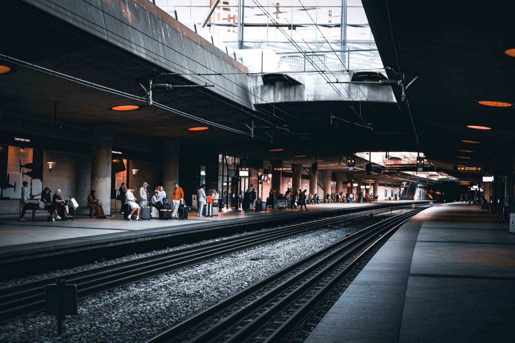 Light falling across an underground train platform